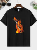 Men'WB shield Letter & Guitar Print Round Neck Tee, Loose Casual Fashion Short Sleeve T-shirt for Summer, Men'WB shield...