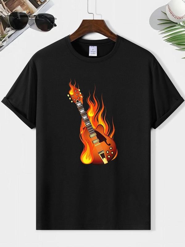 Men'WB shield Letter & Guitar Print Round Neck Tee, Loose Casual Fashion Short Sleeve T-shirt for Summer, Men'WB shield...