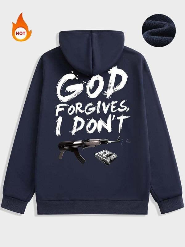 Men'WB shield Letter & Gun Print Drawstring Pocket Hoodie, Regular Fit Casual Street Long Sleeve Fleece Hooded Sweatshirt...