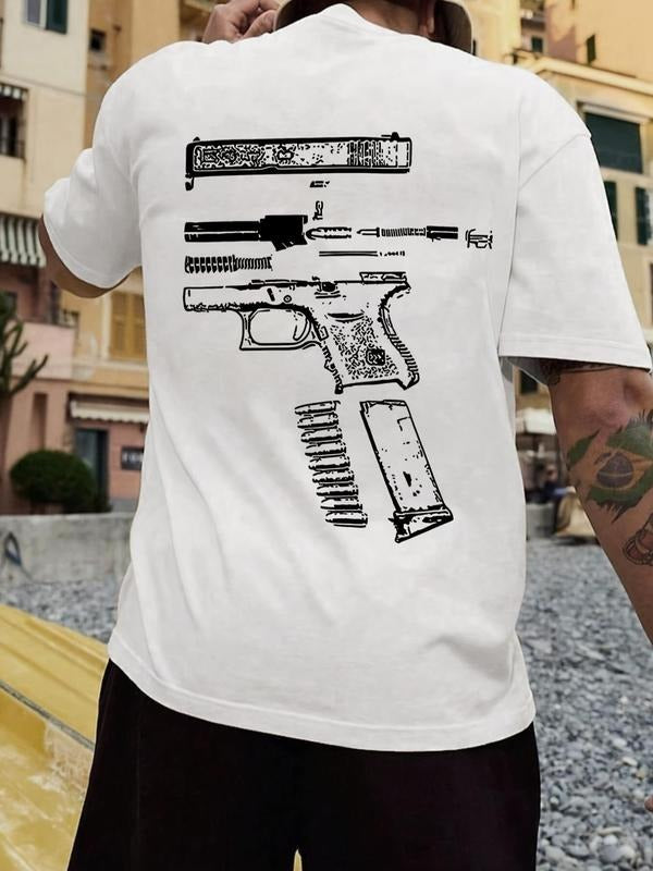 Men'WB shield Letter & Gun Print Round Neck Tee, Regular Fit Casual Short Sleeve Crew Neck T-shirt for Daily Wear, Men'WB...