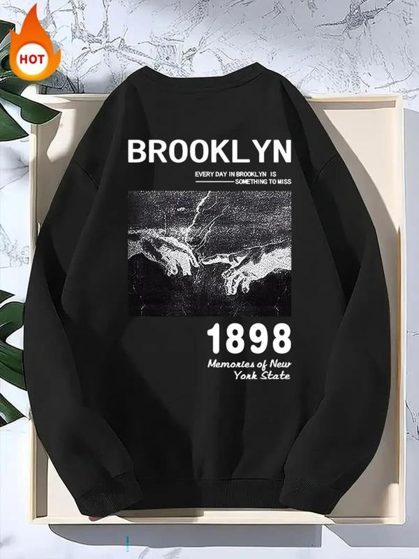 Men'WB shield Letter & Hand Print Drop Shoulder Fleece Lined Sweatshirt, Casual FOG Comfy Long Sleeve Round Neck Pullover...