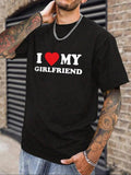 Men'WB shield Letter & Heart Print Round Neck Tee, Regular Fit Casual "Swoosh Love My GF" Print Short Sleeve T-shirt For...