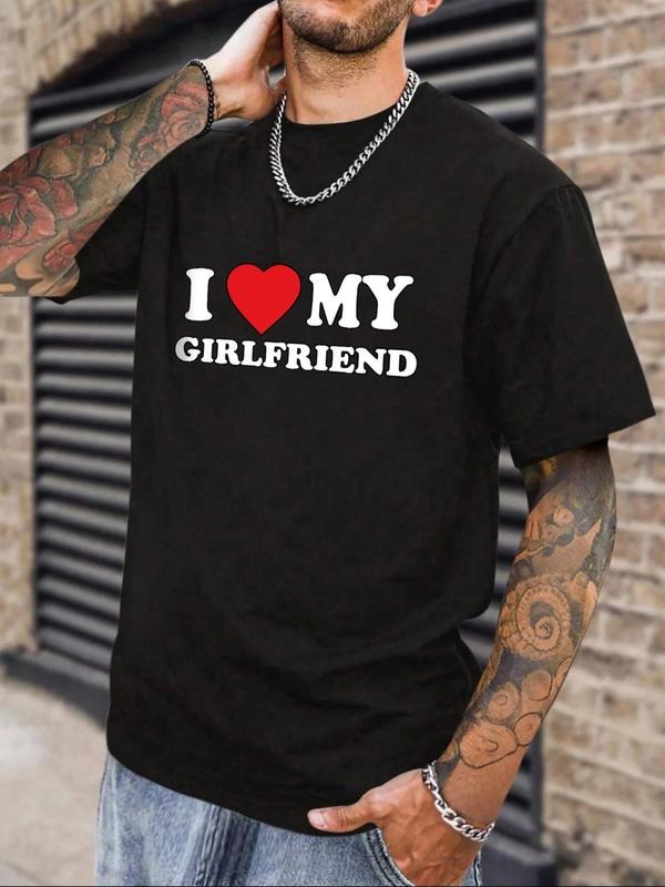 Men'WB shield Letter & Heart Print Round Neck Tee, Regular Fit Casual "Swoosh Love My GF" Print Short Sleeve T-shirt For...