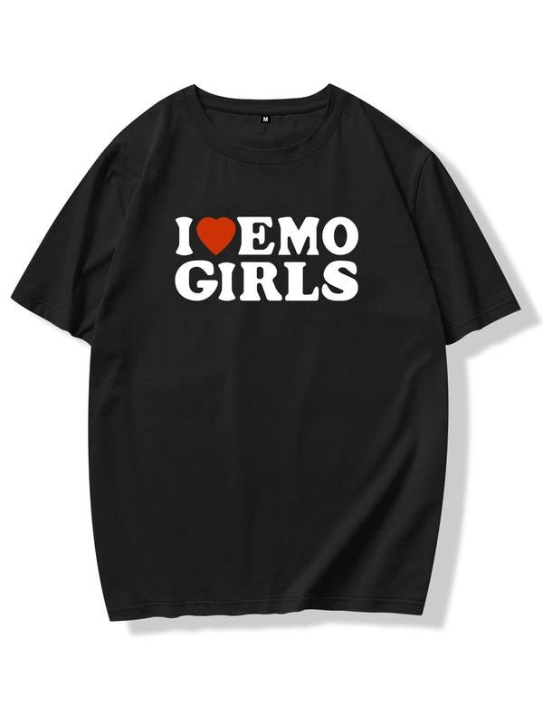 Men'WB shield Letter & Heart Print Round Neck Tee, Regular Fit Casual Comfy Short Sleeve T-shirt for Daily Outdoor Wear,...