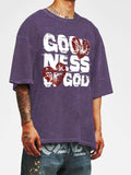 Men'WB shield Letter & Heart Print Wash Distressed Tee, Regular Fit Casual Fashion Short Sleeve T-shirt for Summer,...