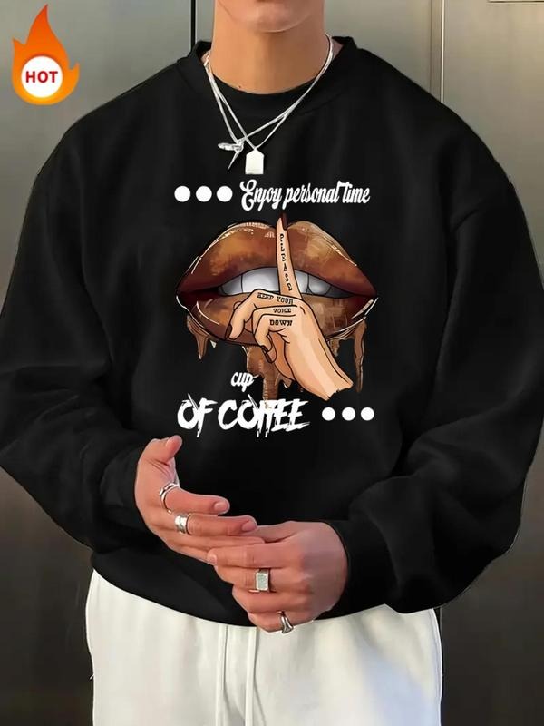 Men'WB shield Letter & Mouth & Hand Print Drop Shoulder Fleece Lined Sweatshirt, Casual Regular Fit Long Sleeve Round...