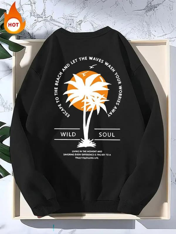 Men'WB shield Letter & Palm Tree Print Drop Shoulder TNF Lined Sweatshirt, Casual FOG Comfy Long Sleeve Round Neck Polar...