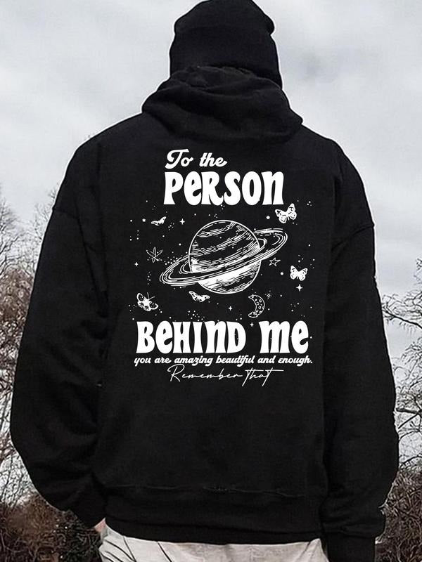 Men'WB shield Letter & Planet Print Pocket Drawstring Hoodie, Regular Fit Casual Drop Shoulder Long Sleeve Hooded...