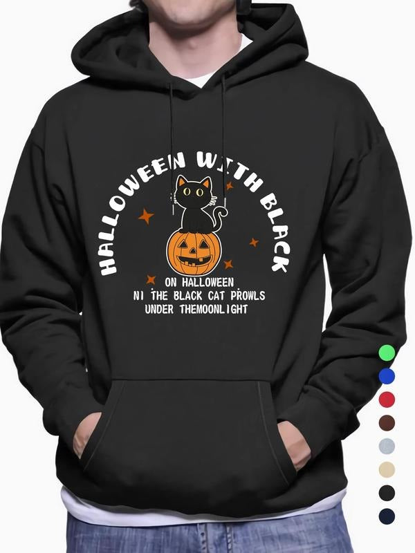 Men'WB shield Letter & Pumpkin & Cat Print Drop Shoulder Hoodie, Fashion Casual Regular Fit Drawstring Pocket Hooded...