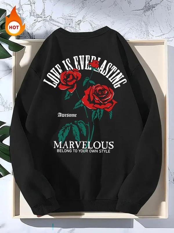 Men'WB shield Letter & Rose Print Sweatshirt, Loose Casual FOG Comfy Long Sleeve Pullover for Fall & Winter, Men'WB...