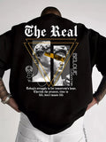 Men'WB shield Letter & Sculpture Print Round Neck Tee, Street Fashion Comfy Long Sleeve T-shirt for Daily Wear, Men'WB...