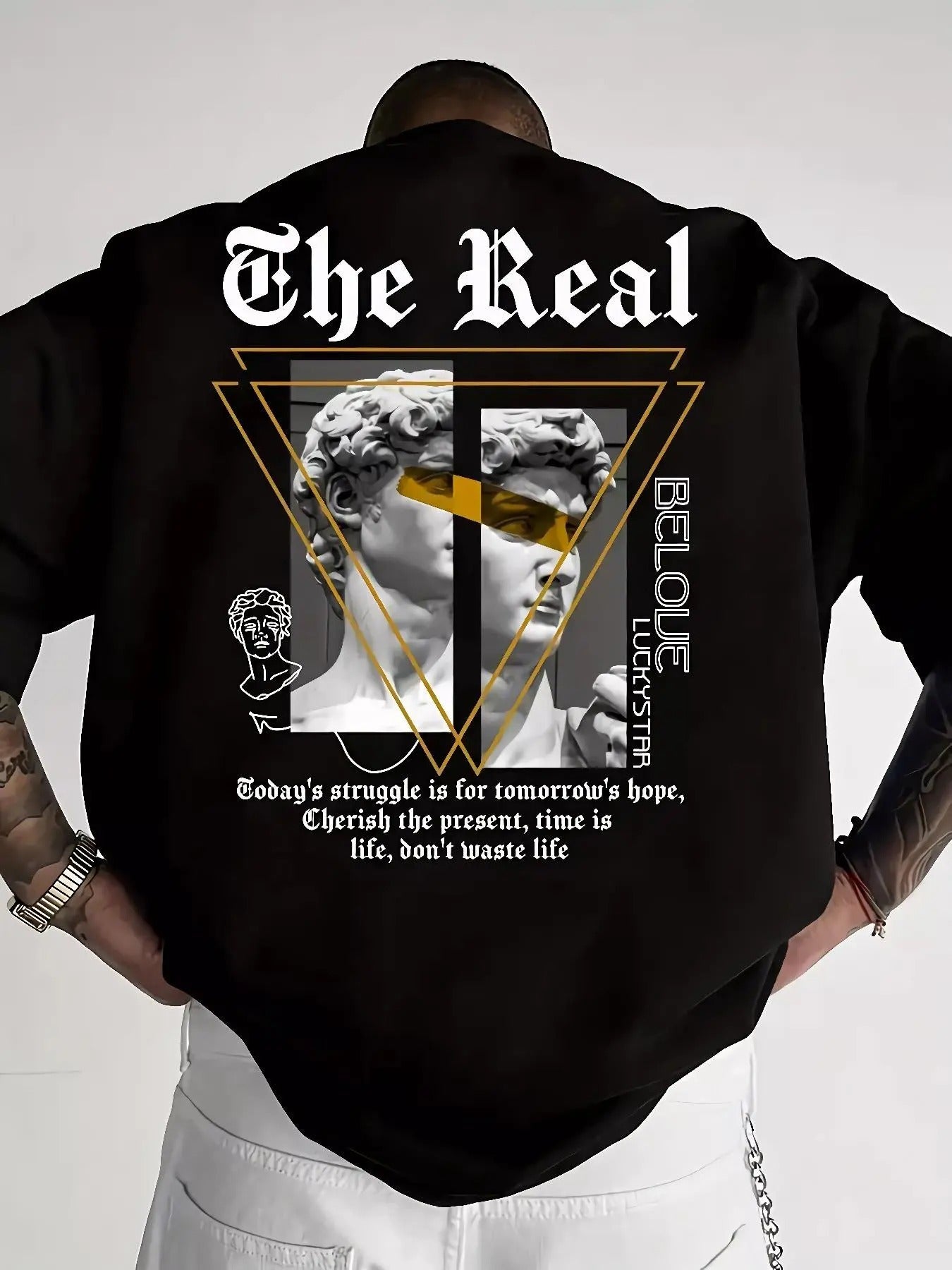 Men'WB shield Letter & Sculpture Print Round Neck Tee, Street Fashion Comfy Long Sleeve T-shirt for Daily Wear, Men'WB...