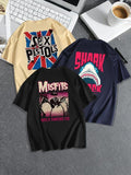 Men'WB shield Letter & Shark Print Short Sleeve Tee, Regular Fit Casual Fashion Round Neck T-shirt for Summer, Men'WB...
