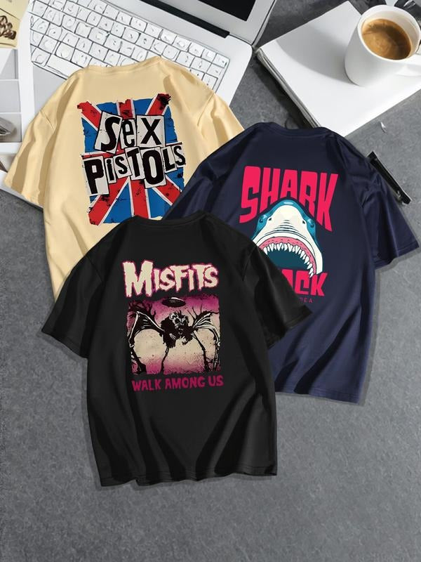 Men'WB shield Letter & Shark Print Short Sleeve Tee, Regular Fit Casual Fashion Round Neck T-shirt for Summer, Men'WB...