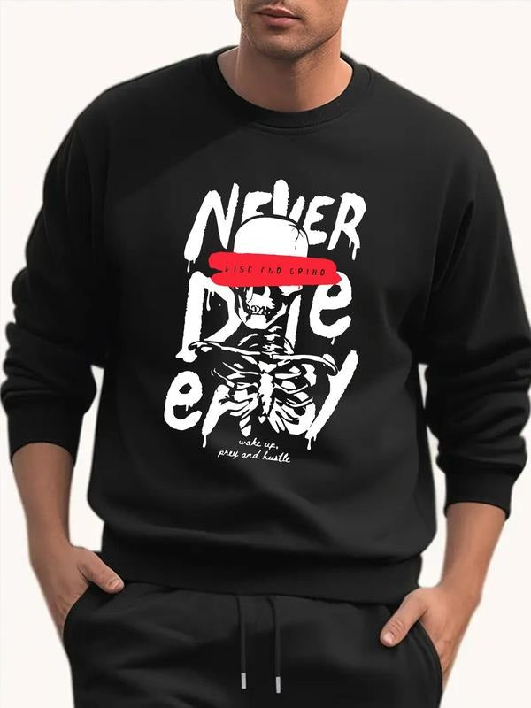 Men'WB shield Letter & Skeleton Print Drop Shoulder TNF Lined Sweatshirt, Loose Casual FOG Comfy Long Sleeve Round Neck...