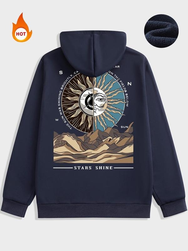 Men'WB shield Letter & Sun Print Drawstring Pocket Hoodie, Regular Fit Casual Long Sleeve Hooded Sweatshirt for Fall &...