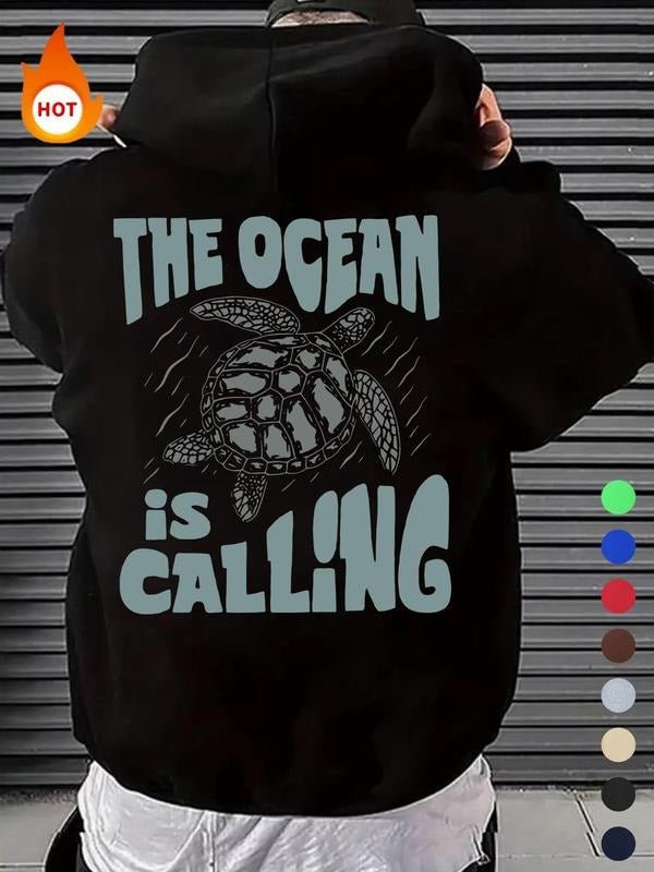 Men'WB shield Letter & Turtle Print Drawstring Hoodie, Casual Comfy Regular Fit Pocket Hooded Sweatshirt for Fall &...