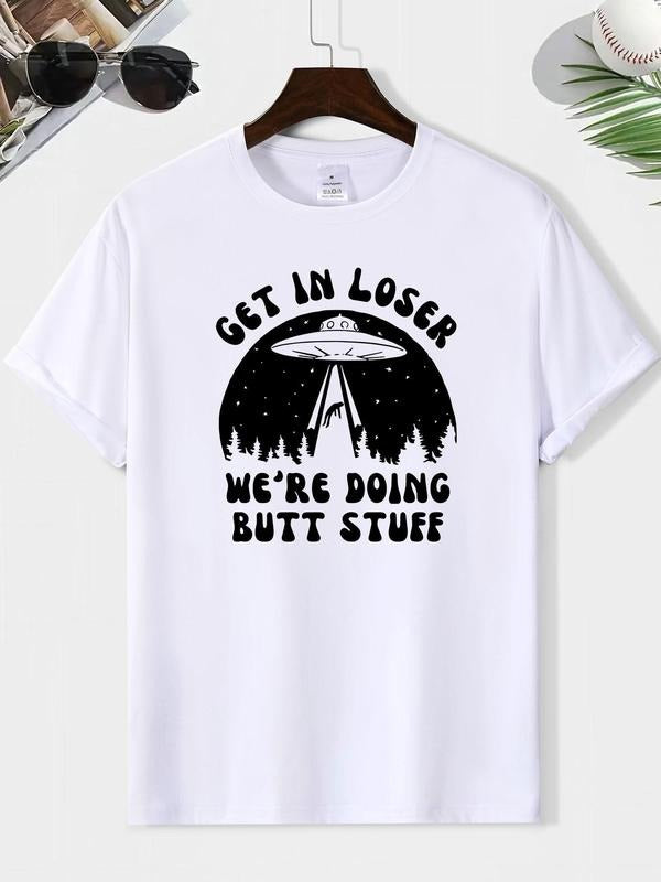 Men'WB shield Letter & UFO Print Round Neck Tee, Loose Casual Short Sleeve T-shirt for Summer, Men'WB shield Top for...