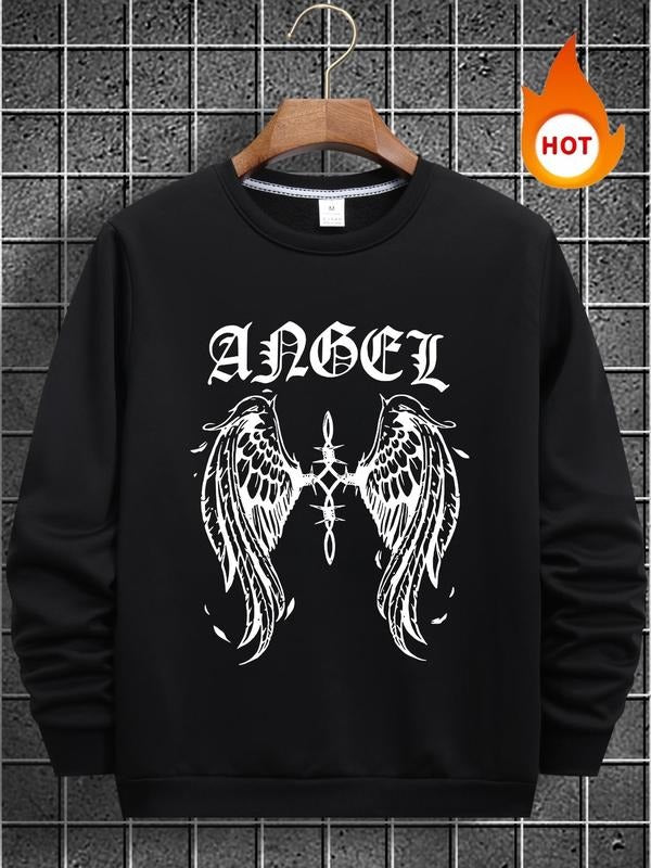 Men'WB shield Letter & Wing Print Round Neck Sweatshirt, Regular Fit Casual Long Sleeve Crew Neck Pullover for Fall &...