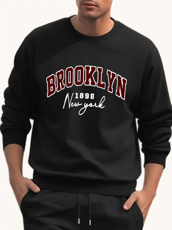 Men'WB shield Letter & Year Print TNF Lined Sweatshirt, Loose Casual Long Sleeve Crew Neck Pullover for Fall & Winter,...