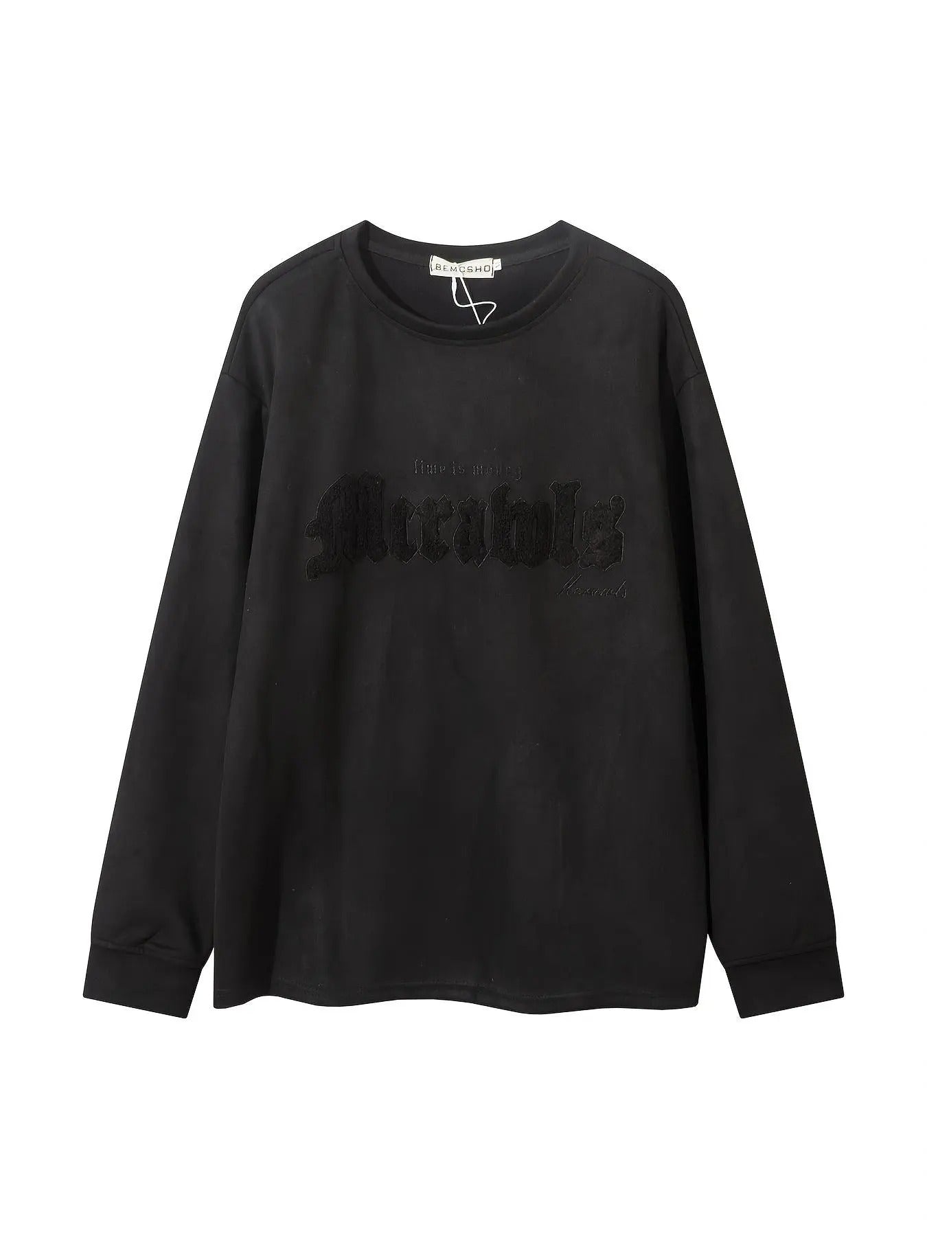 Men'WB shield Letter Embroidery Patched Suede Sweatshirt, Loose Casual Long Sleeve Round Neck Pullover for Fall & Winter,...