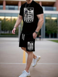 Men'WB shield Letter Graphic Print Short Sleeve Tee & Shorts Set, Regular Fit Casual Round Neck T-shirt & Shorts, Men'WB...