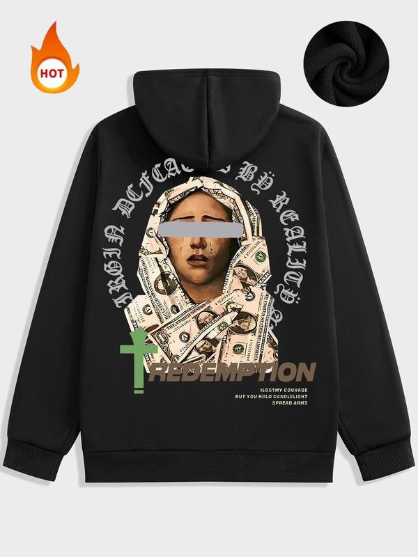 Men'WB shield Letter Print Drawstring Pocket Hoodie, Regular Fit Casual Comfy Long Sleeve Hooded Sweatshirt for Fall &...