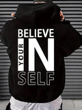 Men'WB shield Letter Print Drop Shoulder Hoodie, Fashion Casual Regular Fit Drawstring Pocket Hooded Sweatshirt for Daily...