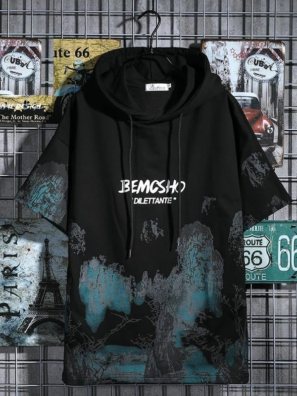 Men'WB shield Letter Print Hoodie, Loose Casual Fashion Short Sleeve Hooded Sweatshirt for Summer, Men'WB shield Top for...