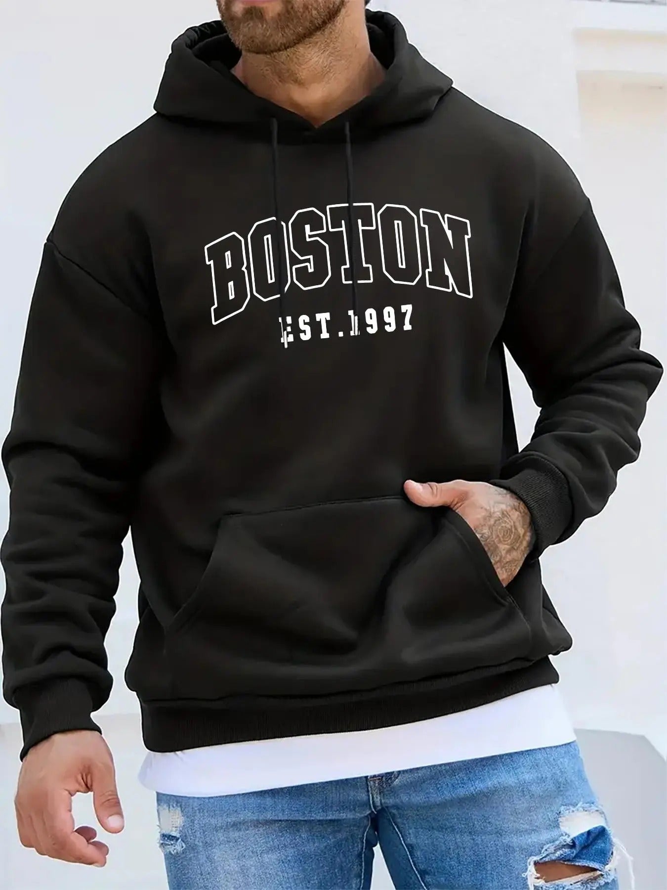 Men'WB shield Letter Print Pocket Drawstring Hoodie, Regular Fit Casual Drop Shoulder Long Sleeve Hooded Sweatshirt,...