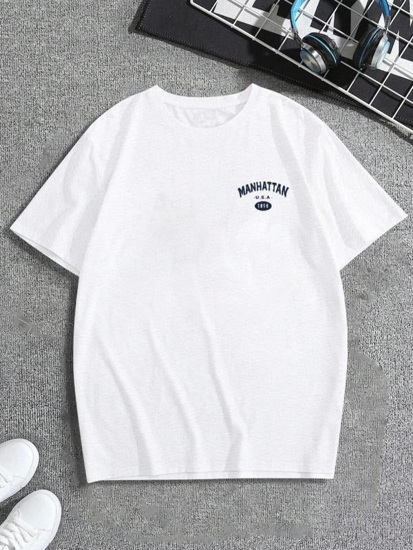 Men'WB shield Letter Print Round Neck Regular Sleeve Tee, Street Short Sleeve T-Shirt, Casual Crew Neck Top for Spring &...