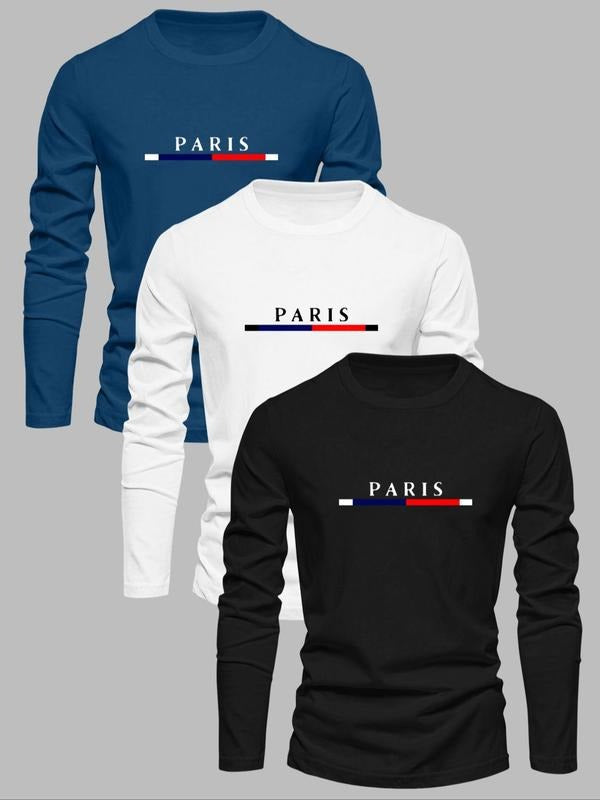 Men'WB shield Letter Print Round Neck Tee, Loose Casual Long Sleeve T-shirts for Fall & Winter, Men'WB shield TNF for...