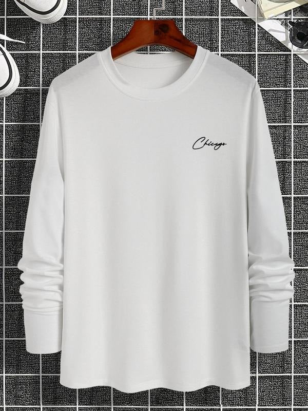 Men'WB shield Letter Print Round Neck Tee, Regular Fit Long Sleeve Crew Neck T-Shirt, Casual Men'WB shield Top For Spring...