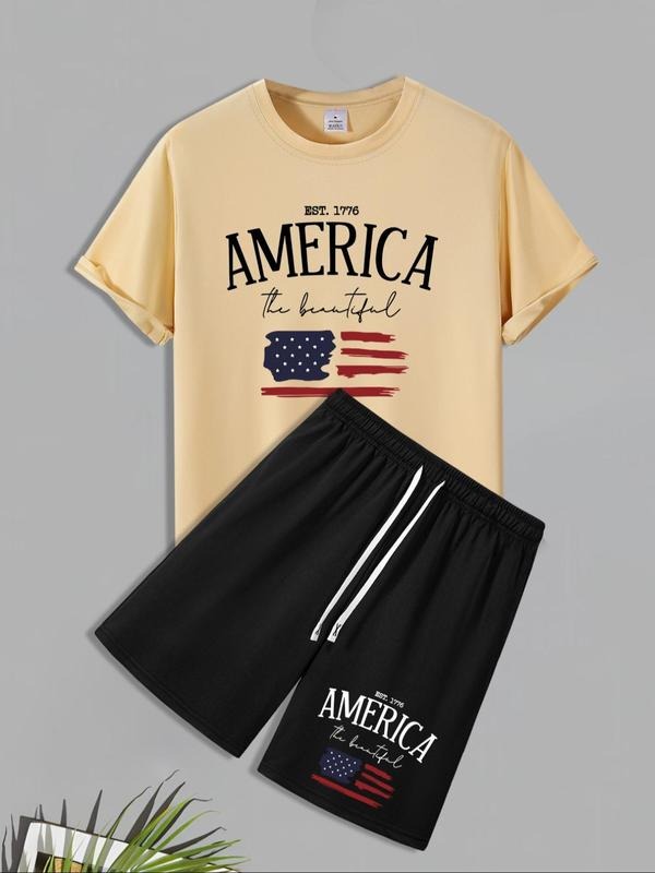 Men'WB shield Letter Print Short Sleeve Graphic Tee & Shorts Set, Regular Fit Casual Round Neck T-shirt & Shorts, Men'WB...