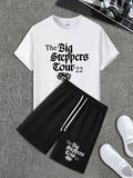 Men'WB shield Letter Print Short Sleeve Graphic Tee & Shorts Straw hat pirates Set, Loose Casual Round Neck T-shirt &...