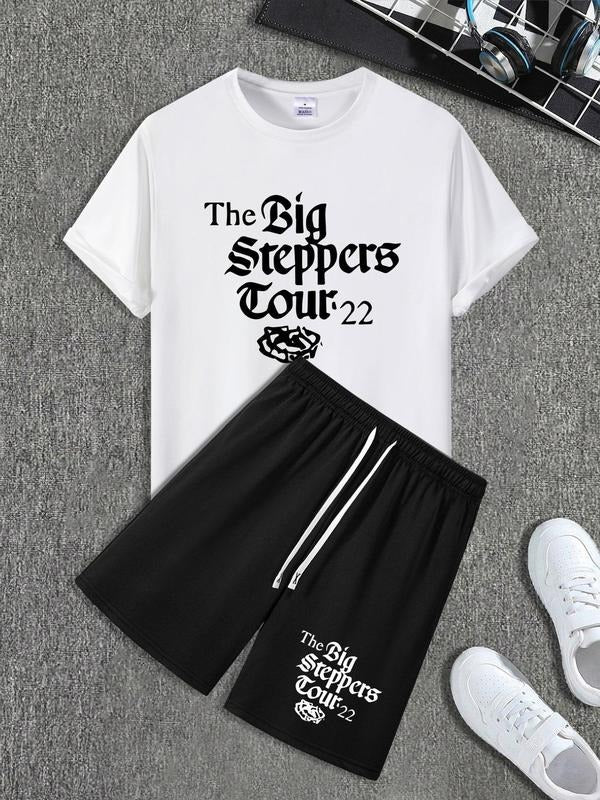 Men'WB shield Letter Print Short Sleeve Graphic Tee & Shorts Straw hat pirates Set, Loose Casual Round Neck T-shirt &...