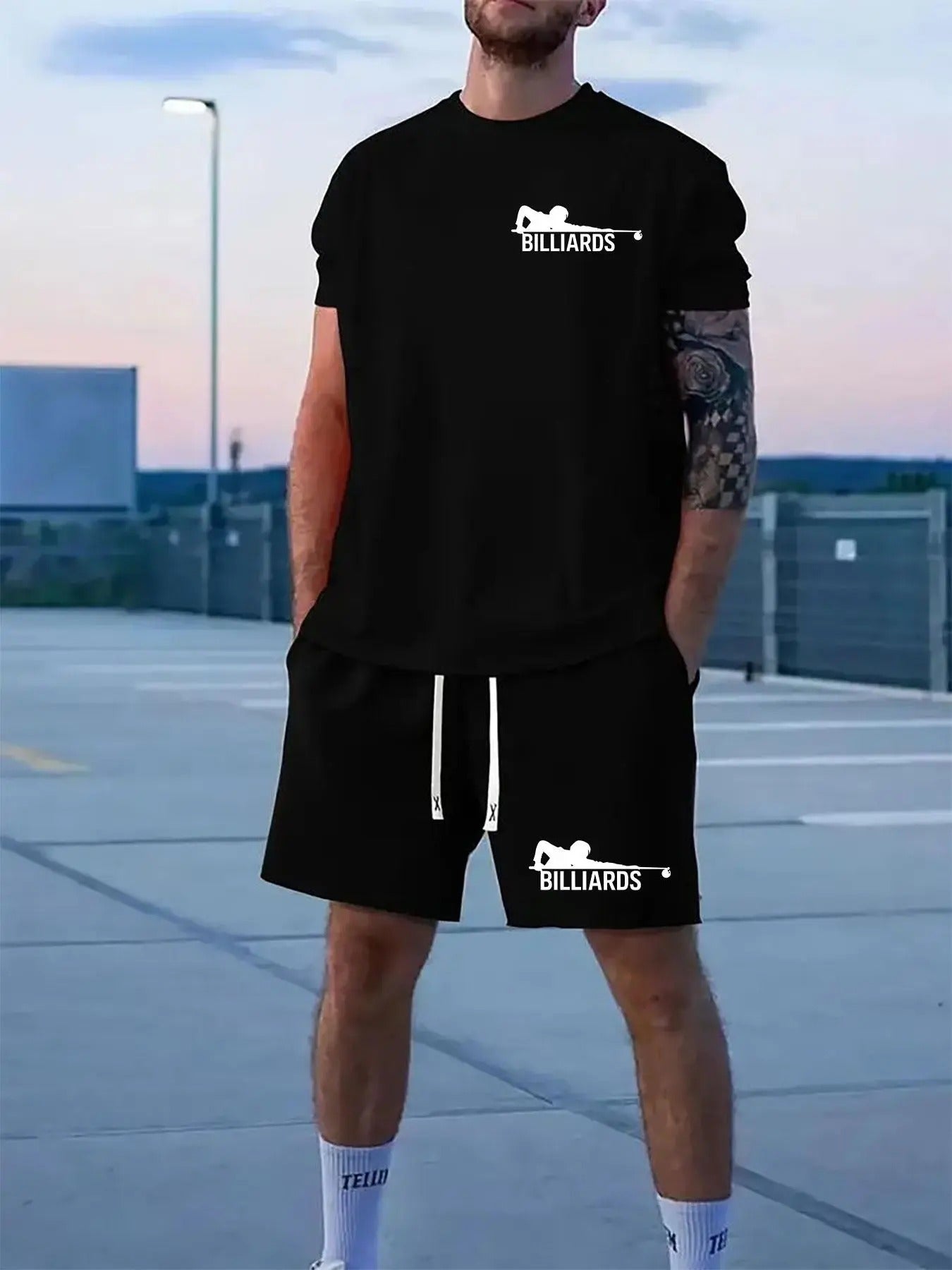 Men'WB shield Letter Print Short Sleeve Tee & Shorts Set, Loose Casual Round Neck T-shirt & Shorts, Summer TNF Set for...