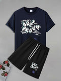 Men'WB shield Letter Print Short Sleeve Tee & Shorts Set, Loose Casual Round Neck T-shirt & Shorts, Summer TNF Set for...