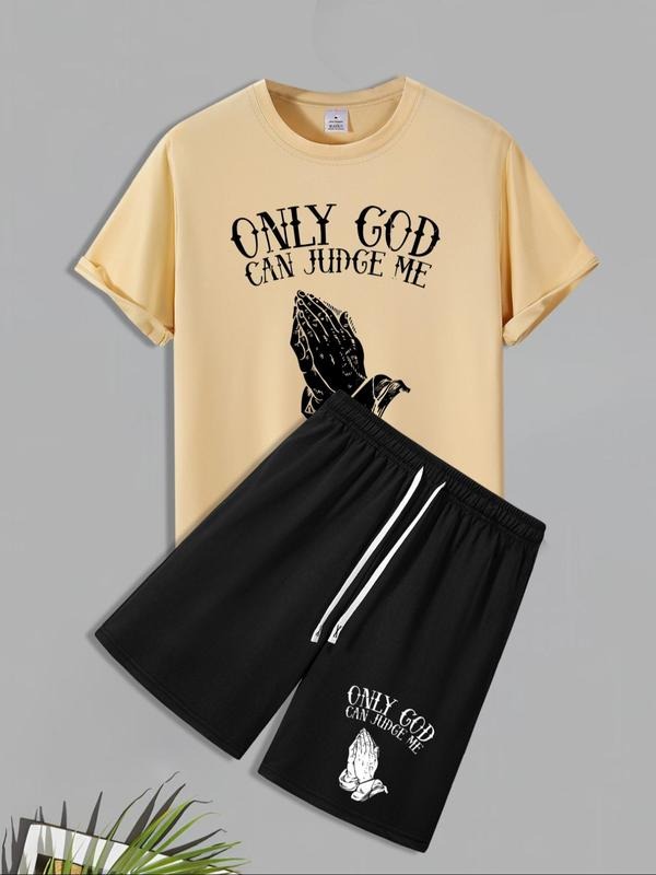 Men'WB shield Letter Print Short Sleeve Tee & Shorts Set, Regular Fit Casual Round Neck T-shirt & Shorts, Men'WB shield...