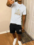 Men'WB shield Letter Print Short Sleeve Tee & Shorts Set, Regular Fit Casual Round Neck T-shirt & Shorts, Summer TNF Set...