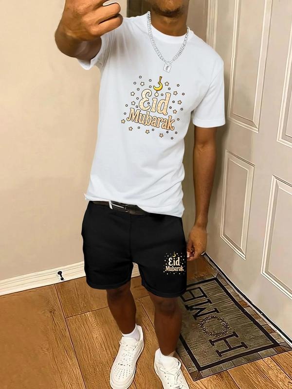 Men'WB shield Letter Print Short Sleeve Tee & Shorts Set, Regular Fit Casual Round Neck T-shirt & Shorts, Summer TNF Set...