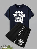 Men'WB shield Letter Print Short Sleeve Tee & Shorts Set, Regular Fit Casual Round Neck T-shirt & Track Shorts, Men'WB...