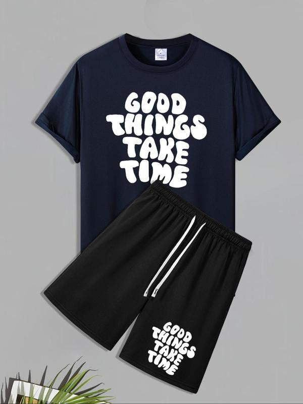 Men'WB shield Letter Print Short Sleeve Tee & Shorts Set, Regular Fit Casual Round Neck T-shirt & Track Shorts, Men'WB...