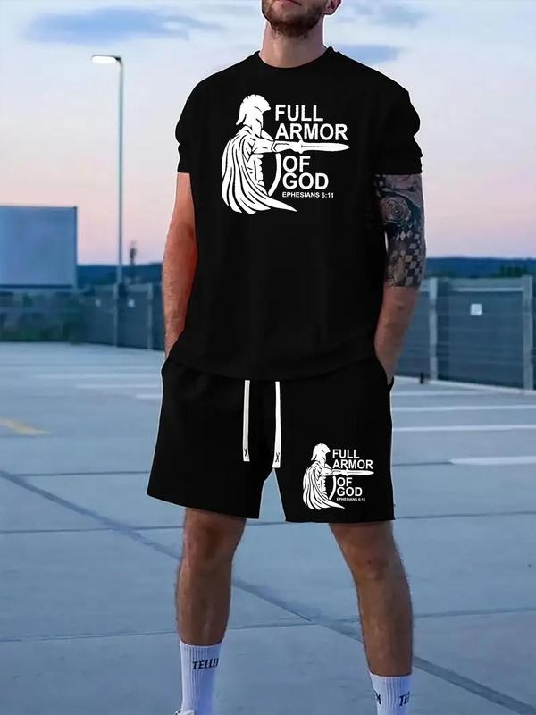 Men'WB shield Letter Print Short Sleeve Tee & Shorts Set, Regular Fit Casual Round Neck T-shirt & Track Shorts, Spiky...