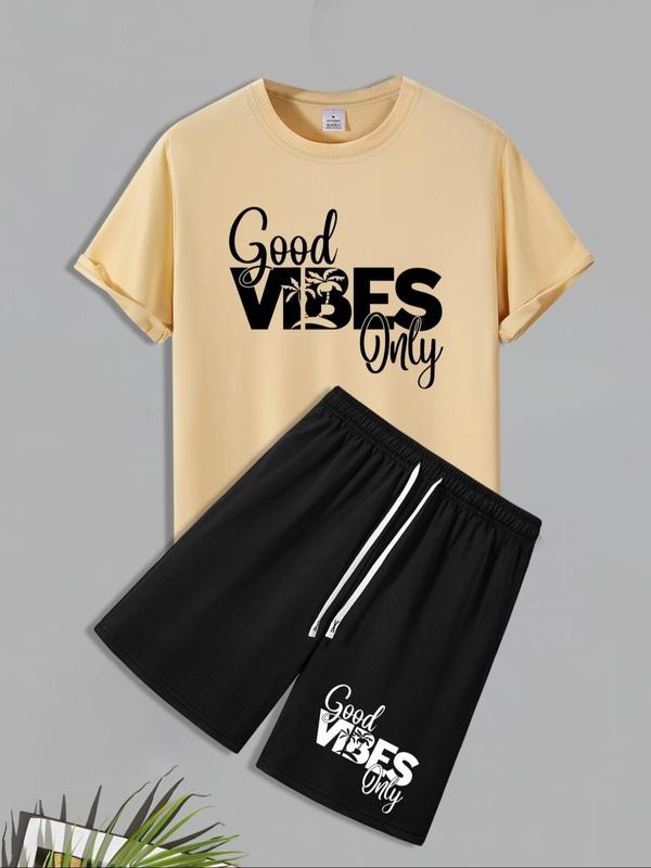 Men'WB shield Letter Print Short Sleeve Tee & Shorts Set, Regular Fit Round Neck T-shirt & Shorts, Casual Cozy Breathable...