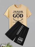 Men'WB shield Letter Print Short Sleeve Tee & Shorts Set, Regular Fit Round Neck T-shirt & Track Shorts, Casual Summer...