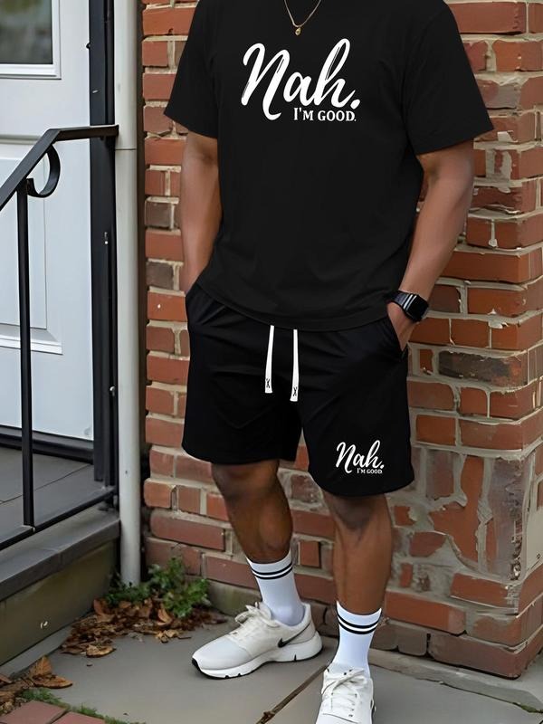 Men'WB shield Letter Print Short Sleeve Tee & Shorts Straw hat pirates Set, Casual Round Neck T-shirt & Shorts Set, Straw...