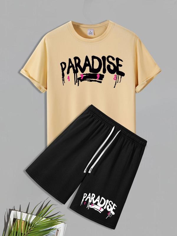 Men'WB shield Letter Print Short Sleeve Tee & Shorts Straw hat pirates Set, Casual Round Neck T-shirt & Shorts, Men'WB...