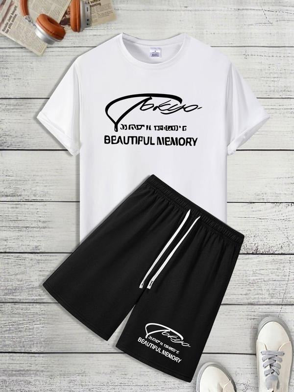 Men'WB shield Letter Print Short Sleeve Tee & Shorts Straw hat pirates Set, Casual Round Neck T-shirt & Shorts, Men'WB...