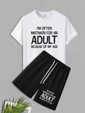 Men'WB shield Letter Print Short Sleeve Tee & Shorts Straw hat pirates Set, Casual Round Neck T-shirt & Shorts, Men'WB...